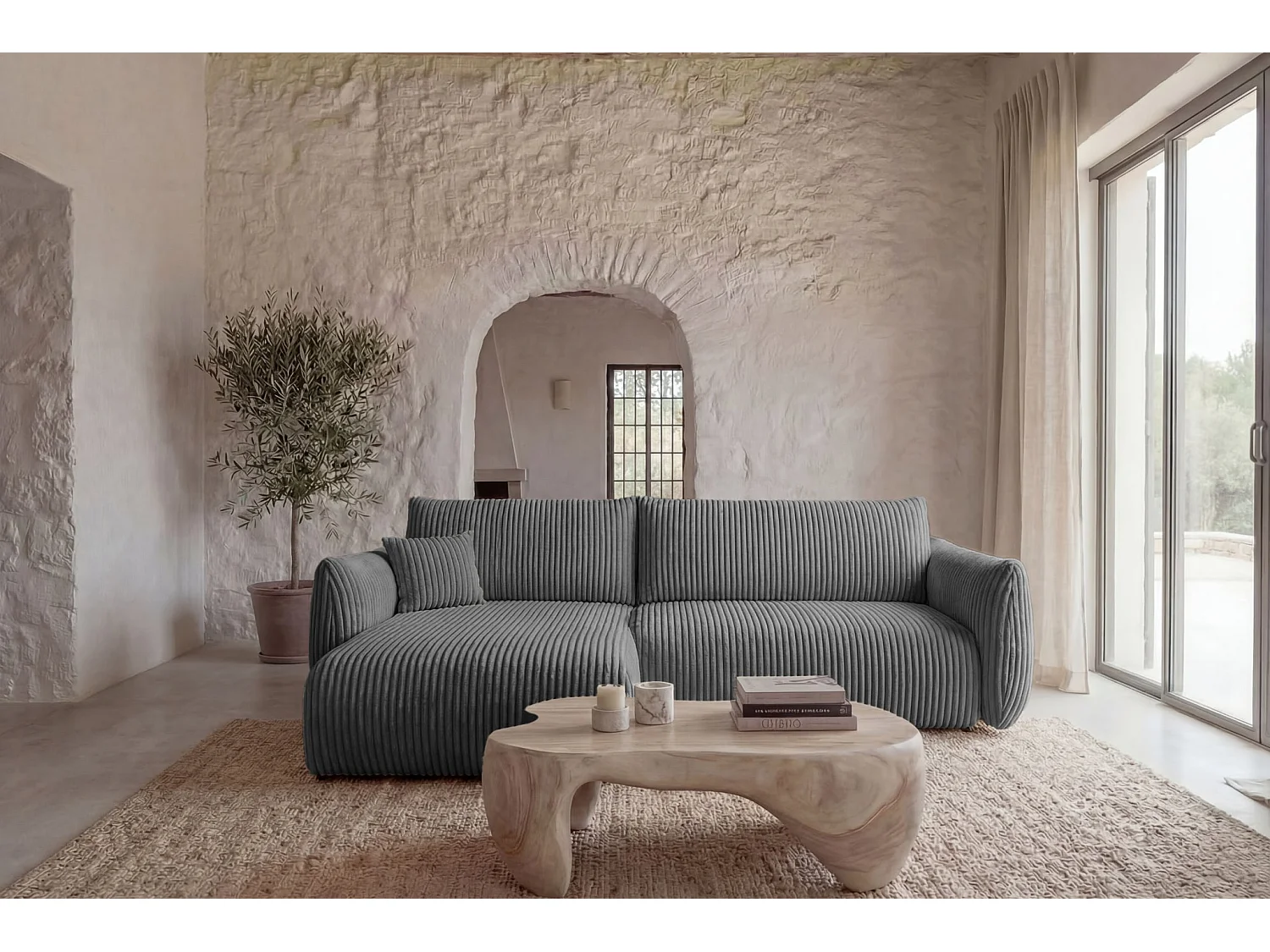 ELIO - Canapé d'angle convertible gros velours côtelé 4 places - Gris foncé