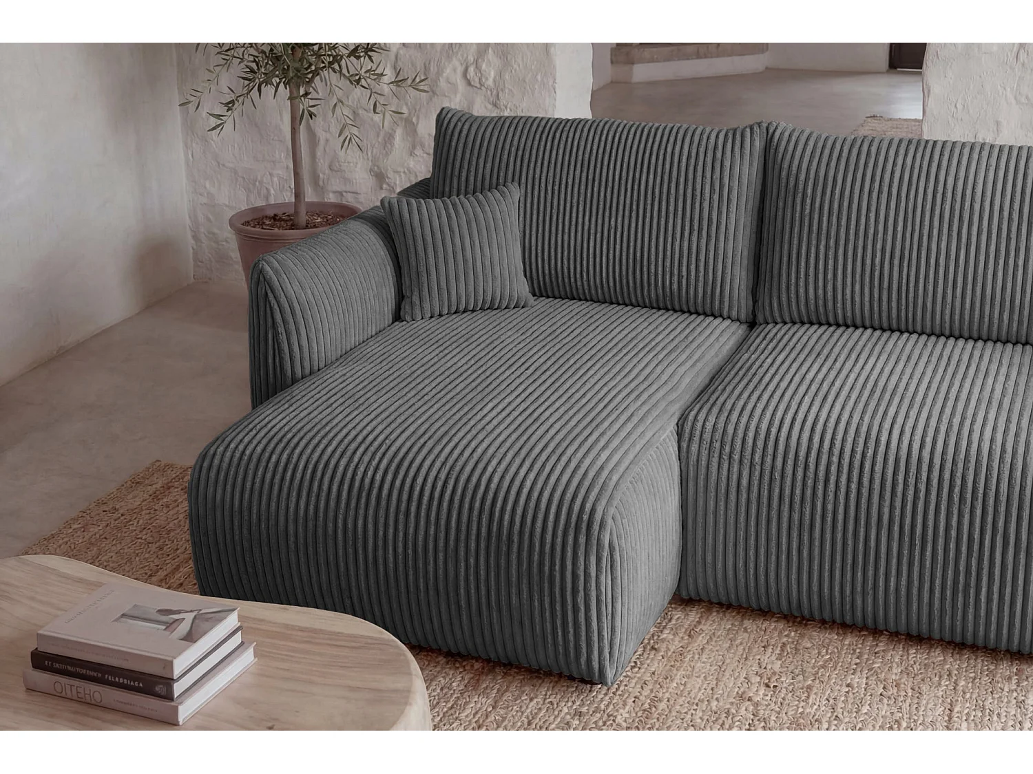 ELIO - Canapé d'angle convertible gros velours côtelé 4 places - Gris foncé