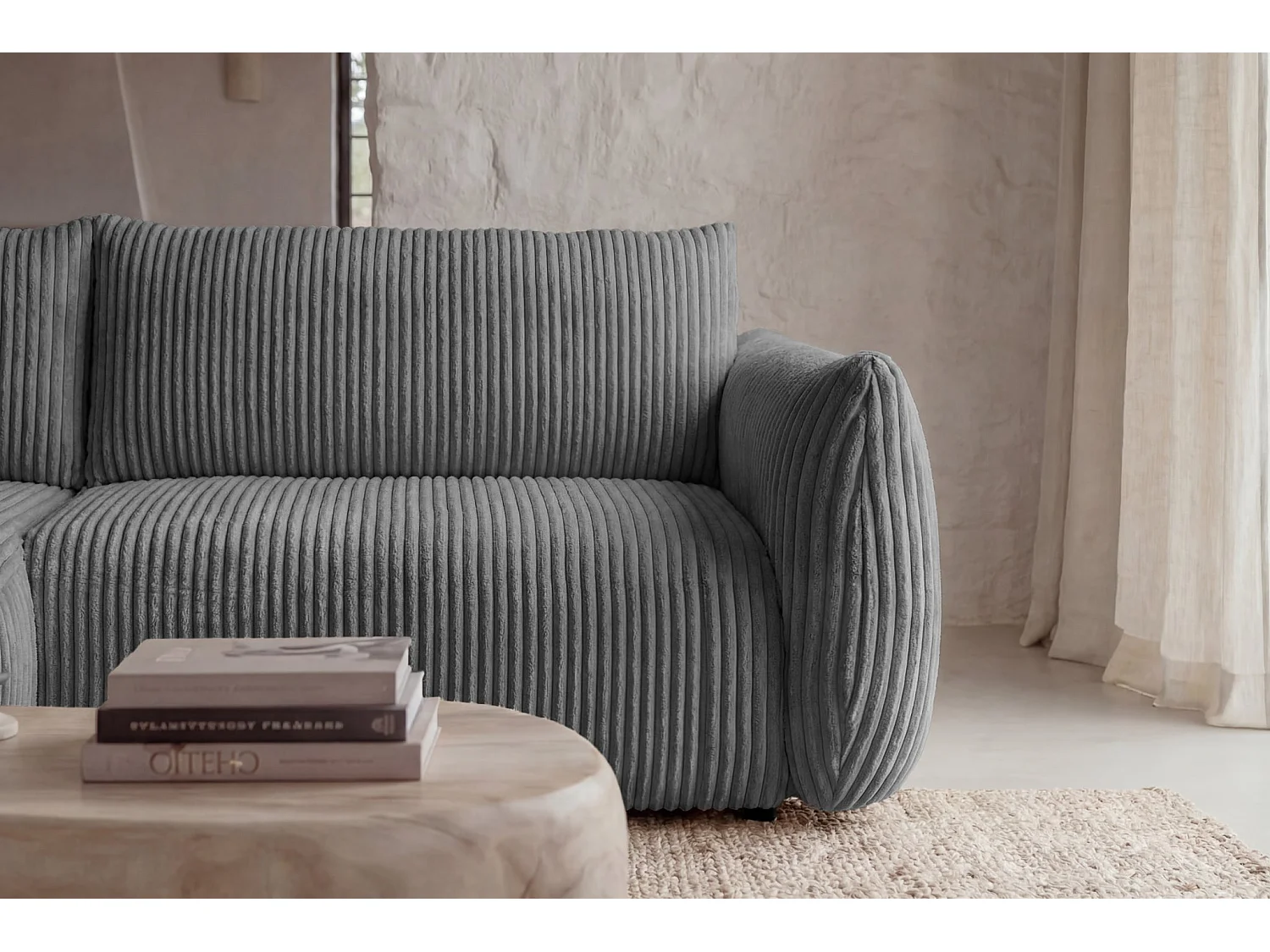 ELIO - Canapé d'angle convertible gros velours côtelé 4 places - Gris foncé