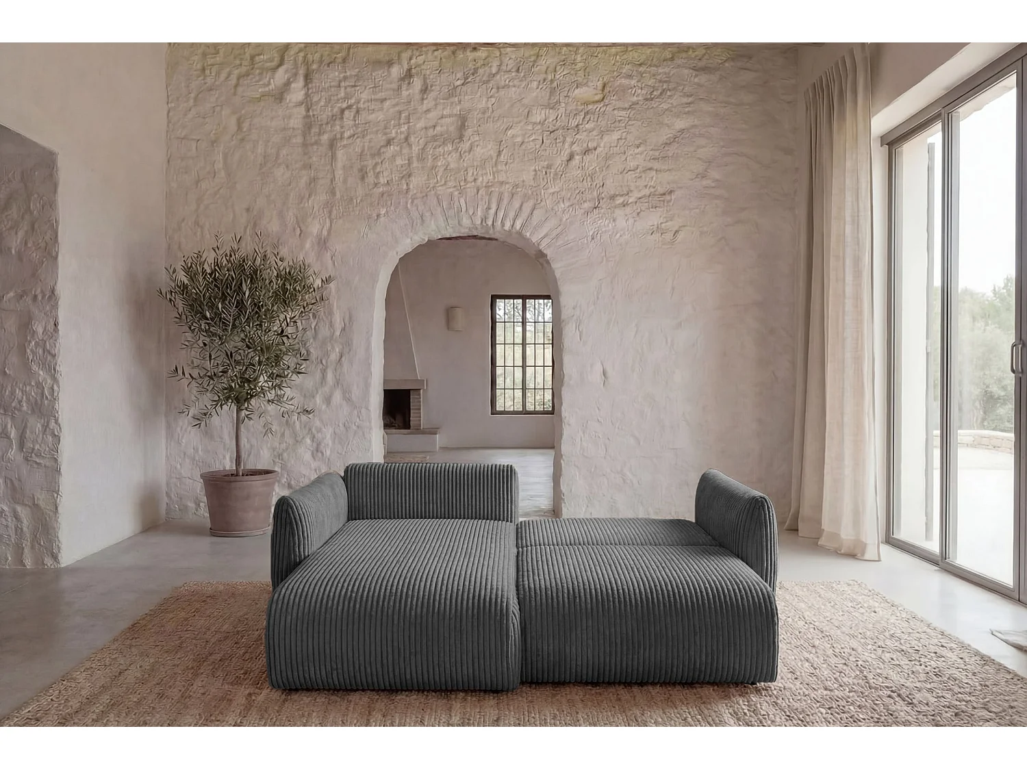 ELIO - Canapé d'angle convertible gros velours côtelé 4 places - Gris foncé