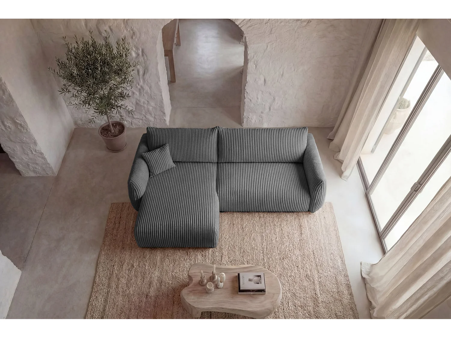 ELIO - Canapé d'angle convertible gros velours côtelé 4 places - Gris foncé