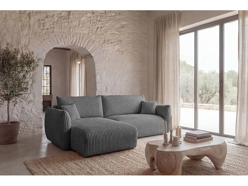 ELIO - Canapé d'angle convertible gros velours côtelé - Gris foncé