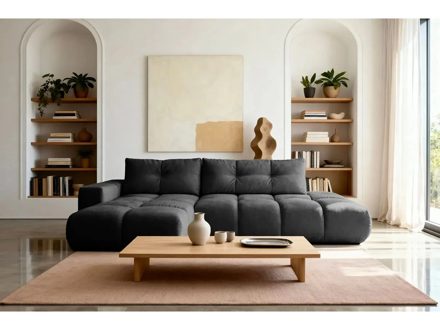 CONSTANCE - Canapé d'angle convertible tissu chenille 4 places - Noir - Gauche