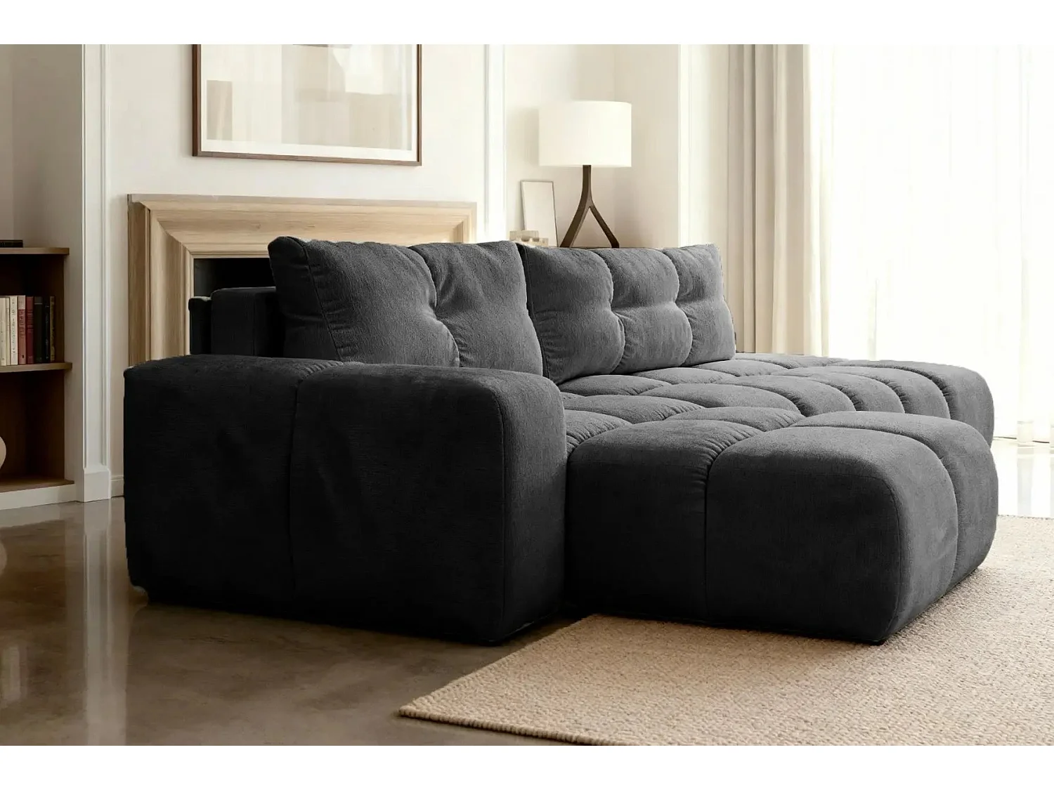 CONSTANCE - Canapé d'angle convertible tissu chenille 4 places - Noir - Gauche