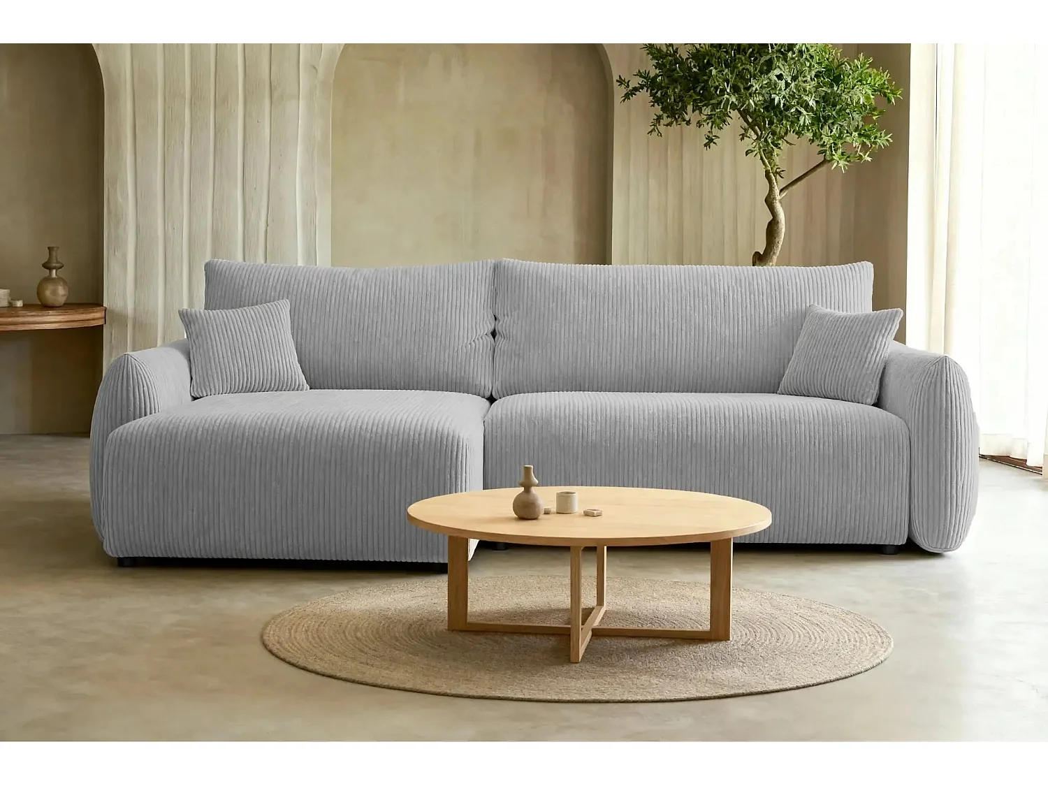 ELIO - Canapé d'angle convertible petit velours côtelé - Gris clair