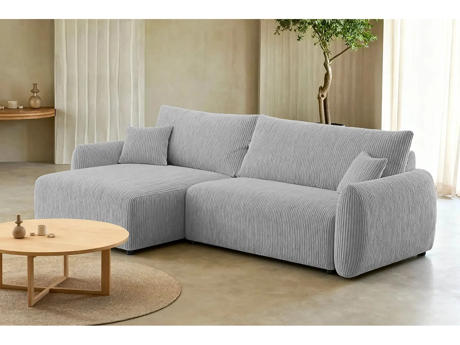 ELIO - Canapé d'angle convertible petit velours côtelé - Gris clair