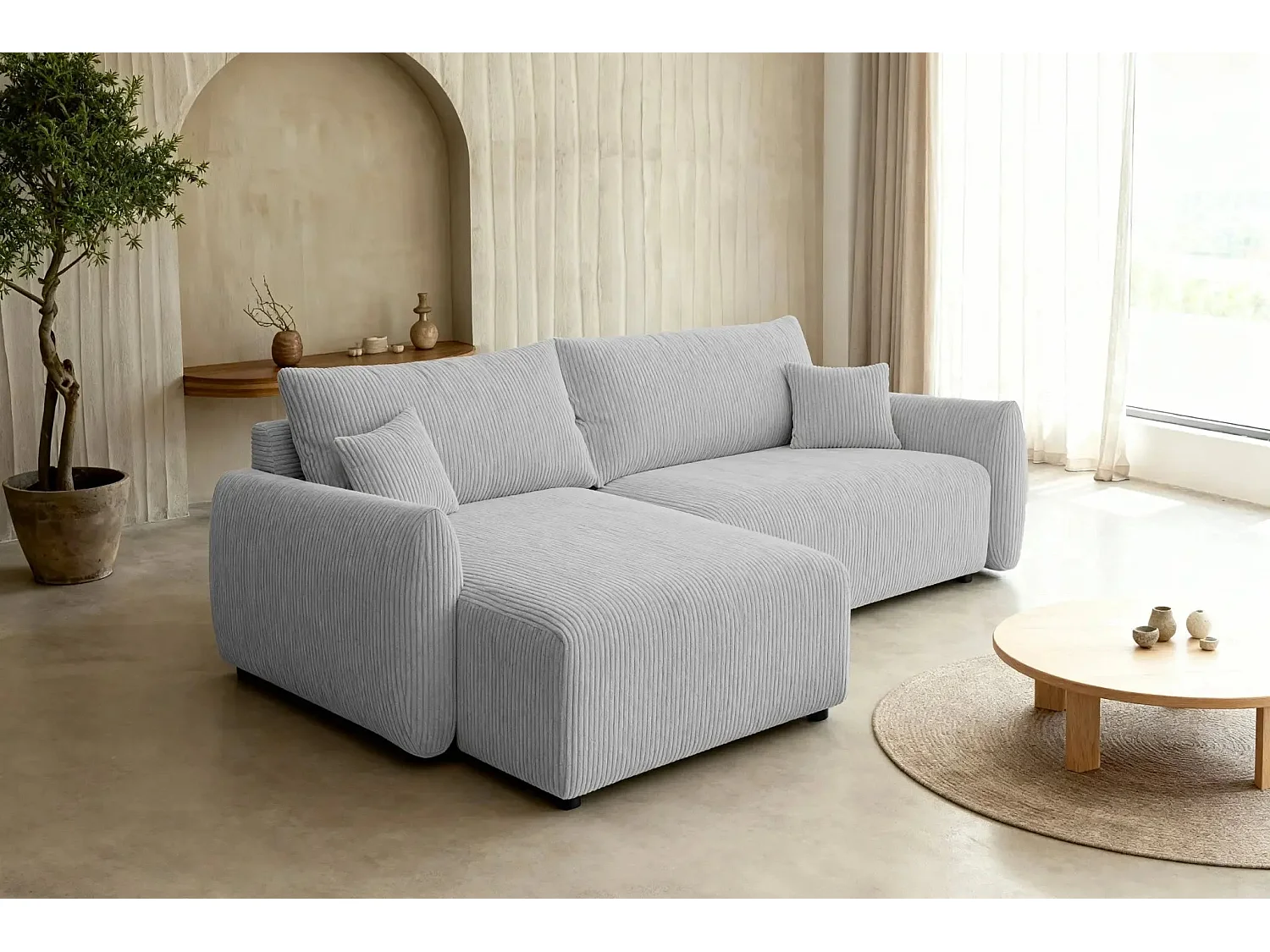 ELIO - Canapé d'angle convertible petit velours côtelé 4 places - Gris clair