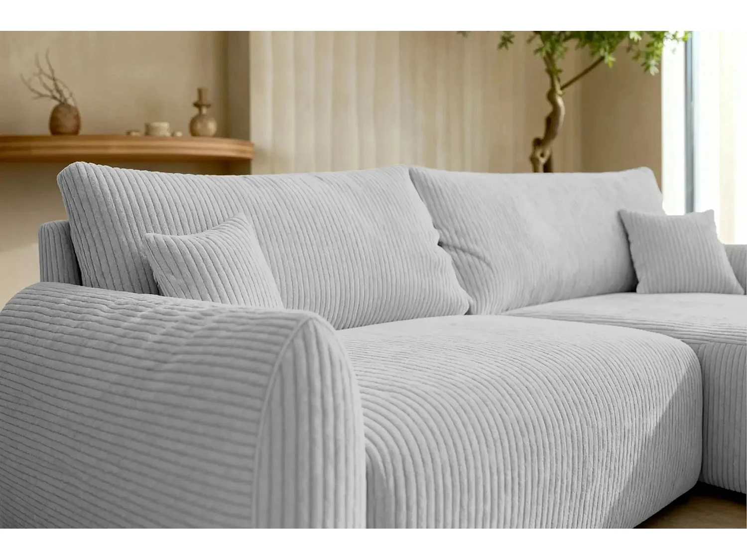 ELIO - Canapé d'angle convertible petit velours côtelé 4 places - Gris clair