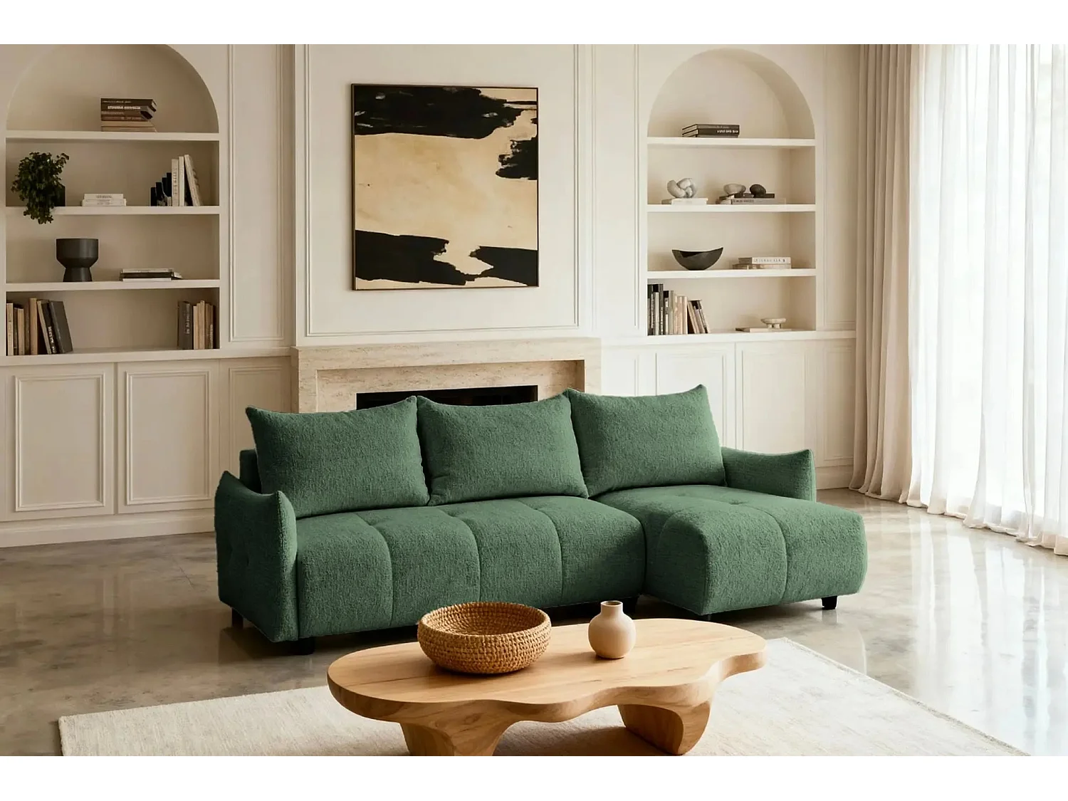 CELINE - Canapé d'angle convertible tissu chenille 4 places - Vert