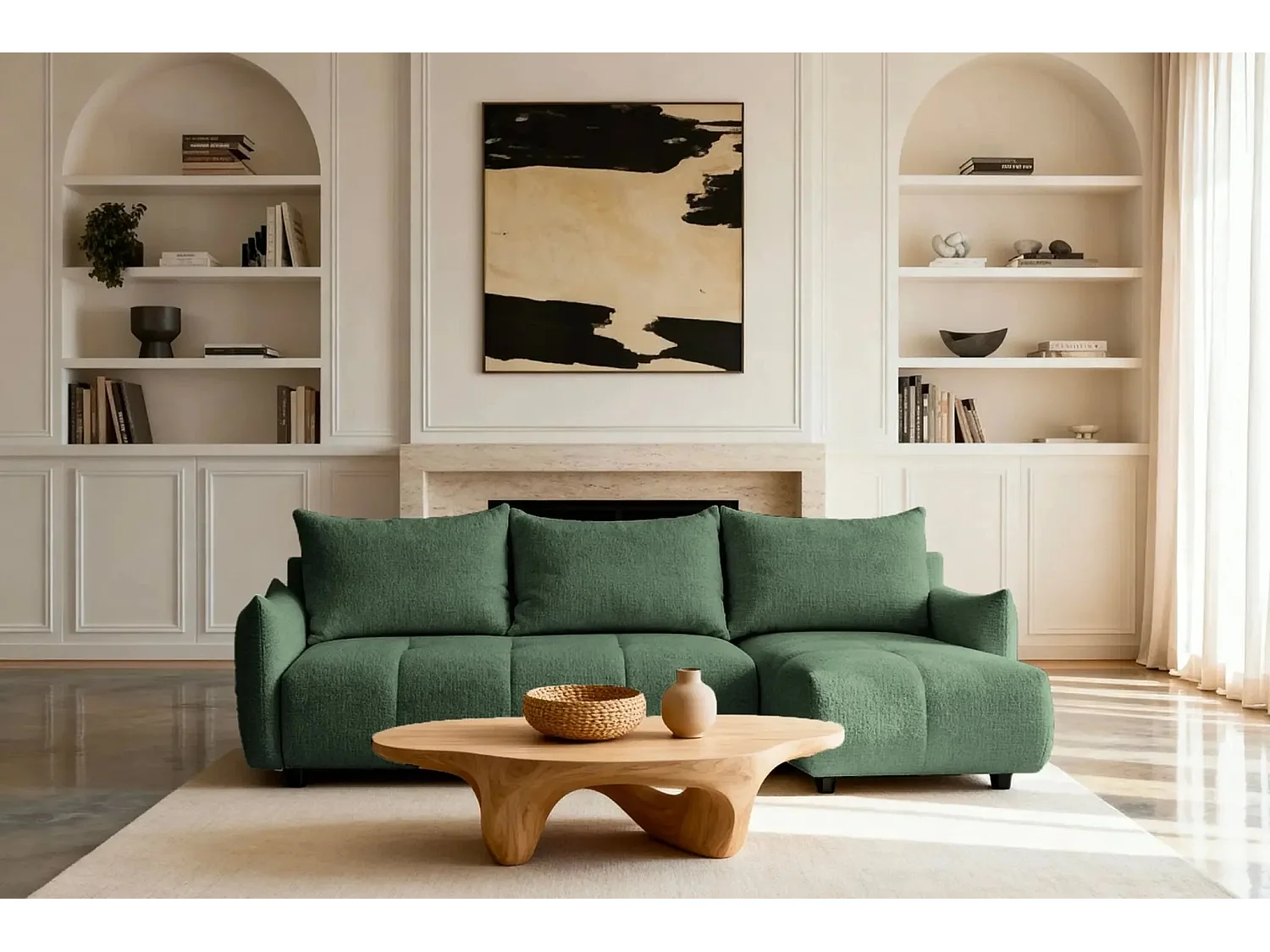 CELINE - Canapé d'angle convertible tissu chenille 4 places - Vert