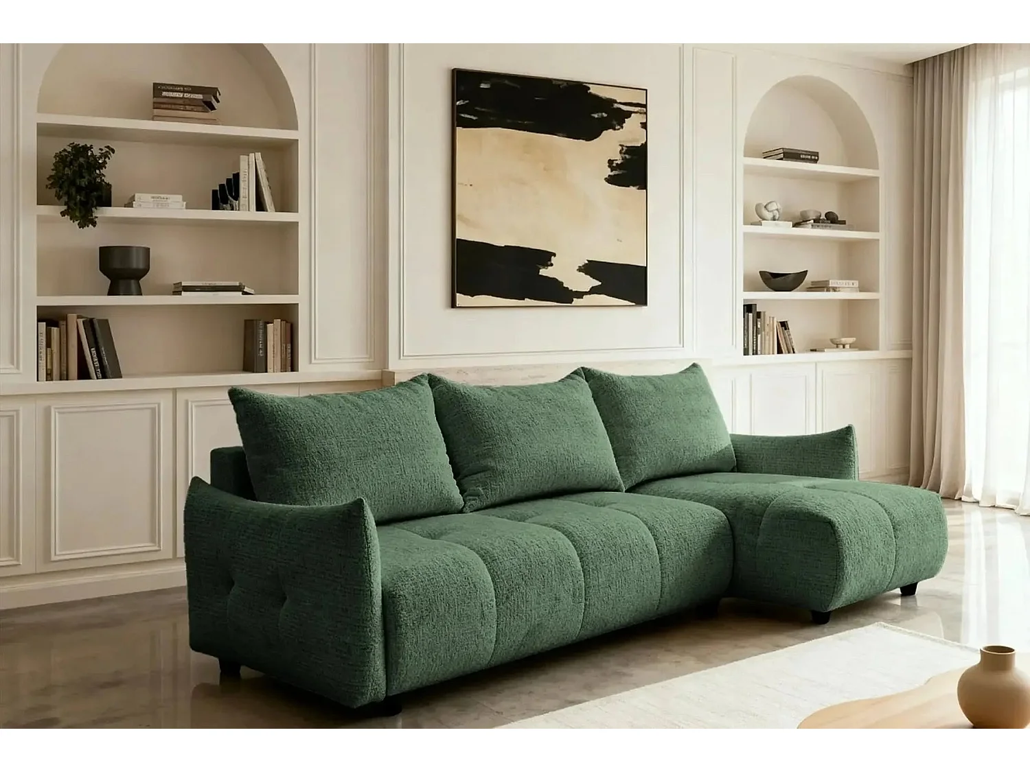 CELINE - Canapé d'angle convertible tissu chenille 4 places - Vert