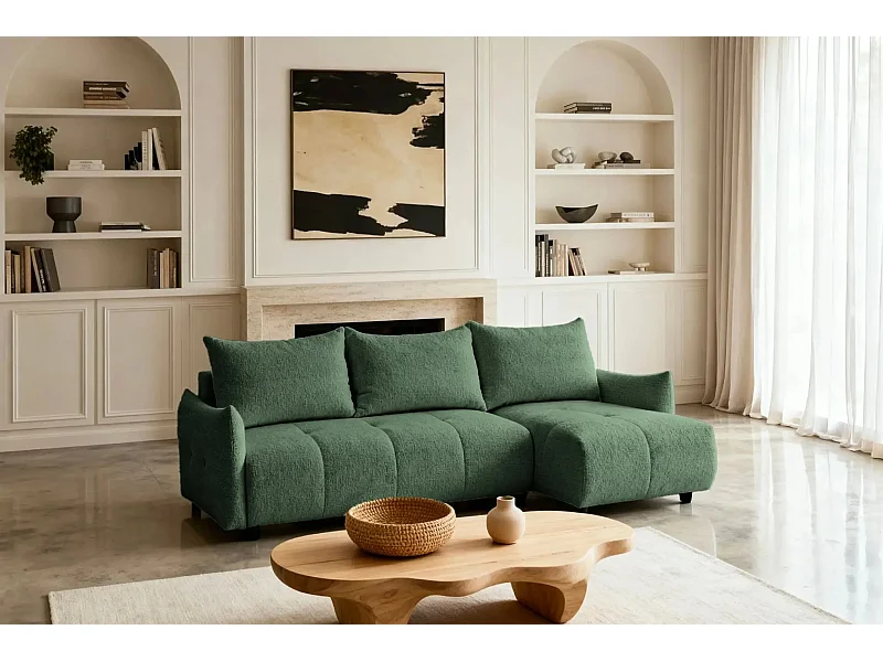 CELINE - Canapé d'angle convertible tissu chenille 4 places - Vert