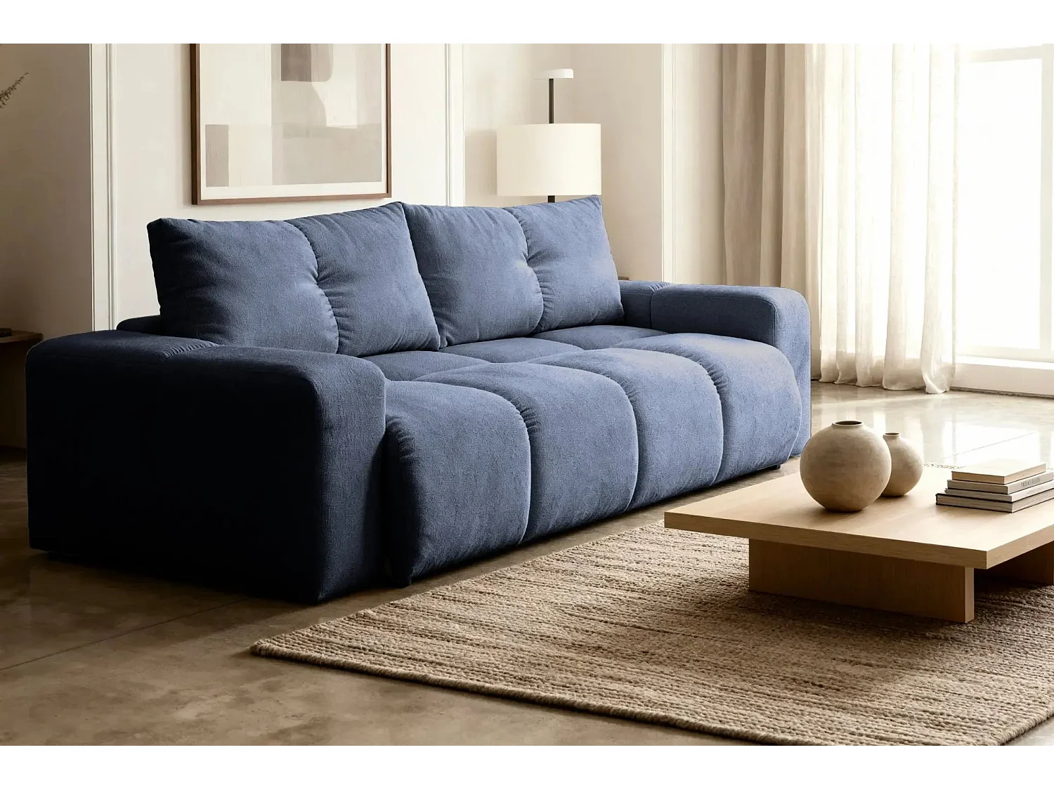 CONSTANCE - Canapé droit convertible tissu chenille - Bleu