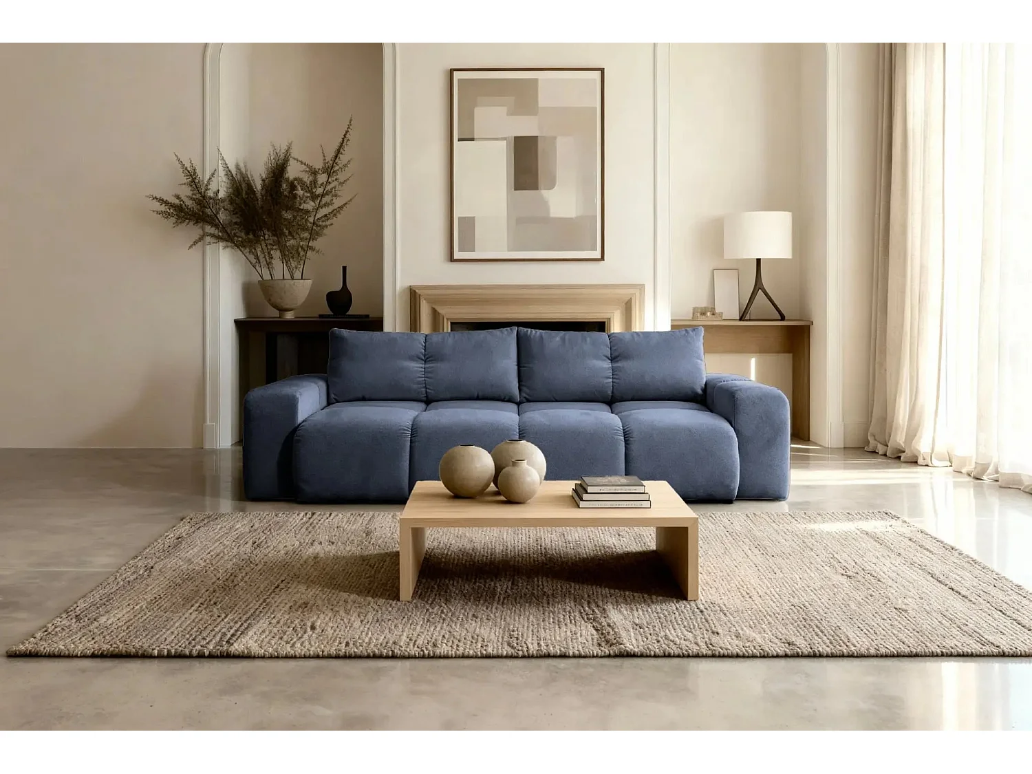 CONSTANCE - Canapé droit convertible tissu chenille 3 places - Bleu