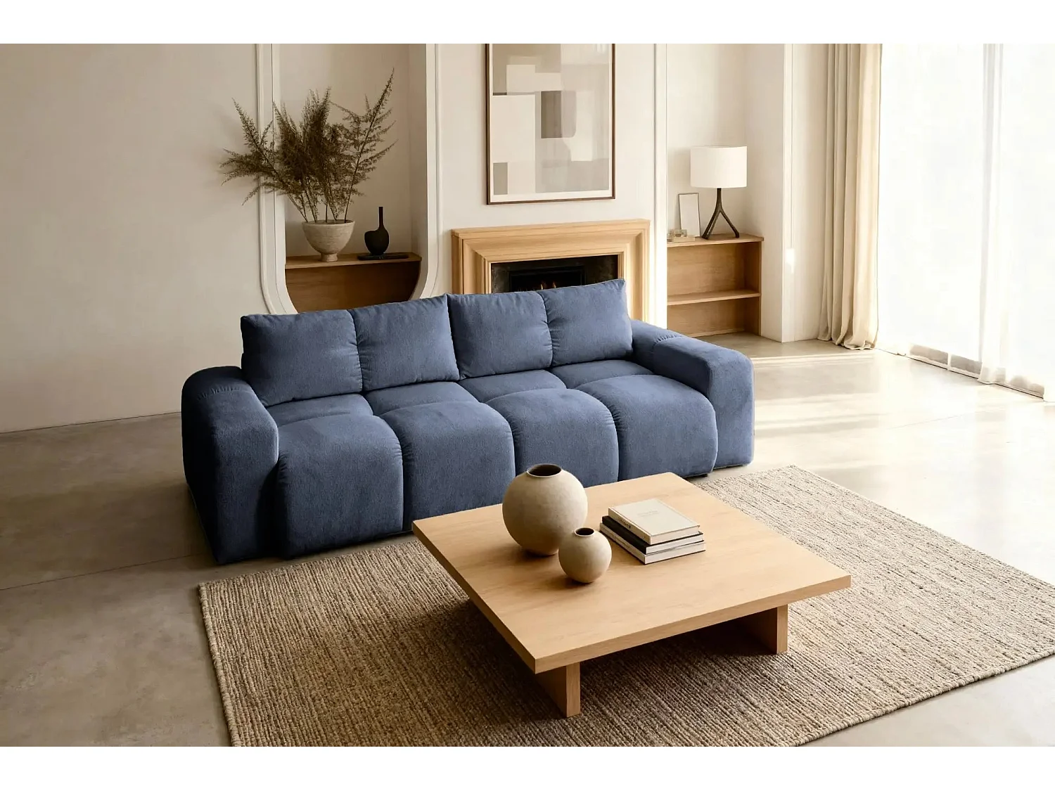 CONSTANCE - Canapé droit convertible tissu chenille 3 places - Bleu