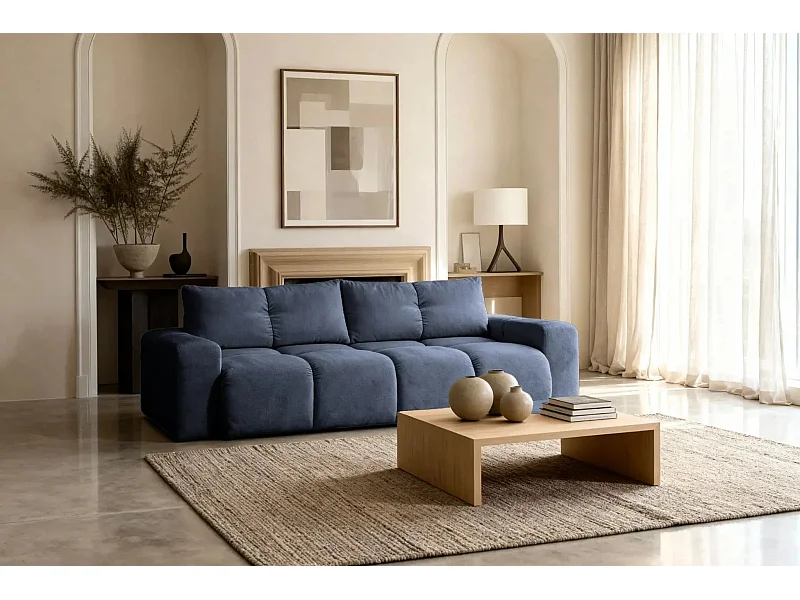 CONSTANCE - Canapé droit convertible tissu chenille - Bleu