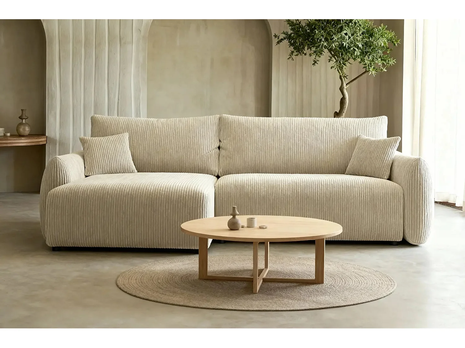 ELIO - Canapé d'angle convertible petit velours côtelé 4 places - Beige