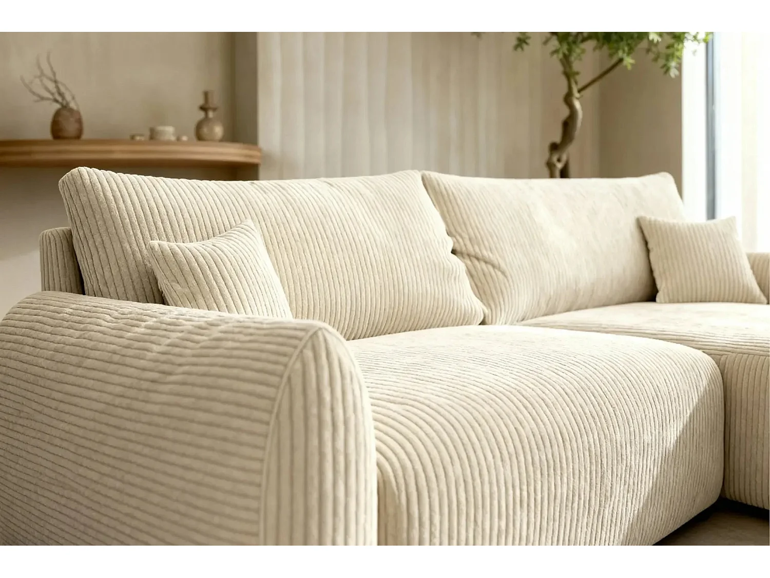 ELIO - Canapé d'angle convertible petit velours côtelé 4 places - Beige