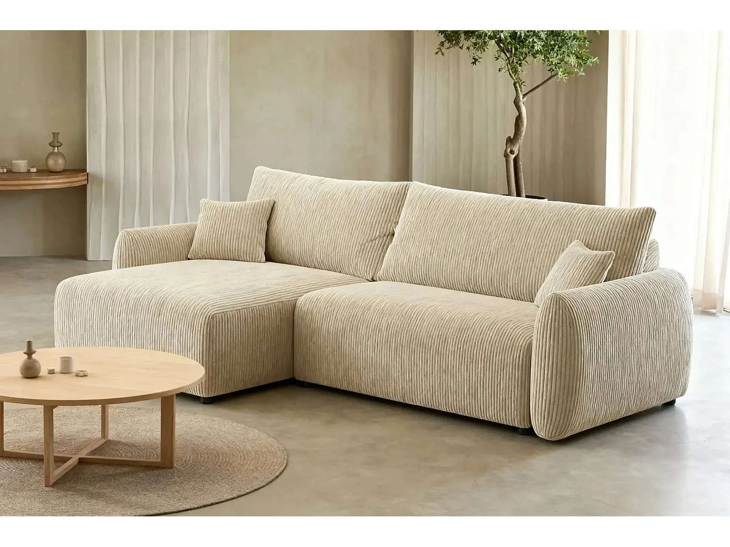 ELIO - Canapé d'angle convertible petit velours côtelé 4 places - Beige