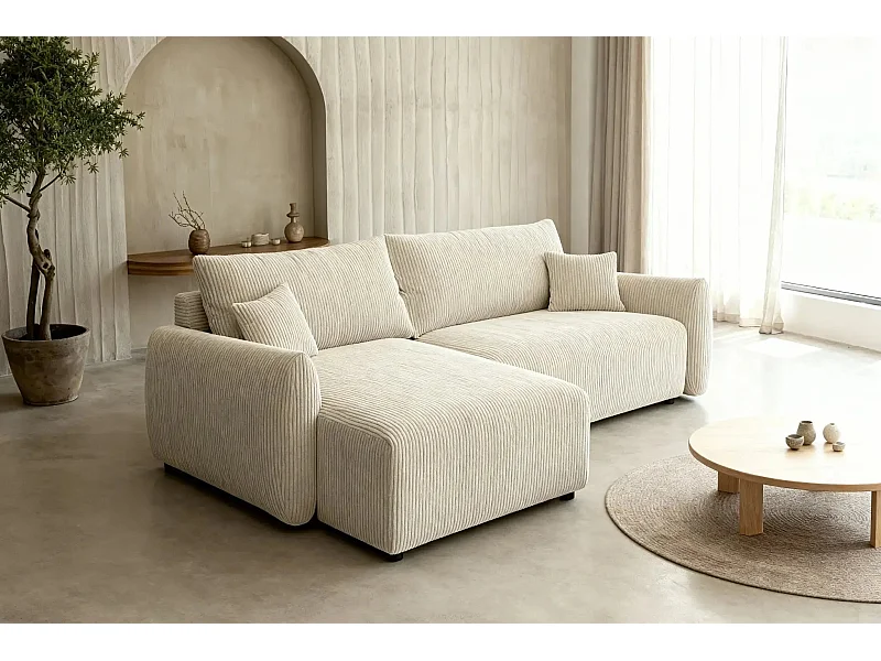 ELIO - Canapé d'angle convertible petit velours côtelé 4 places - Beige