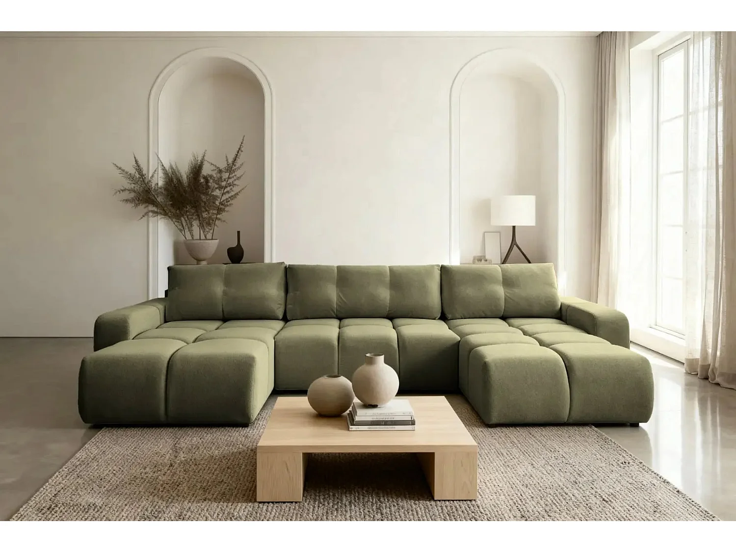 CONSTANCE - Canapé panoramique convertible tissu chenille - Vert