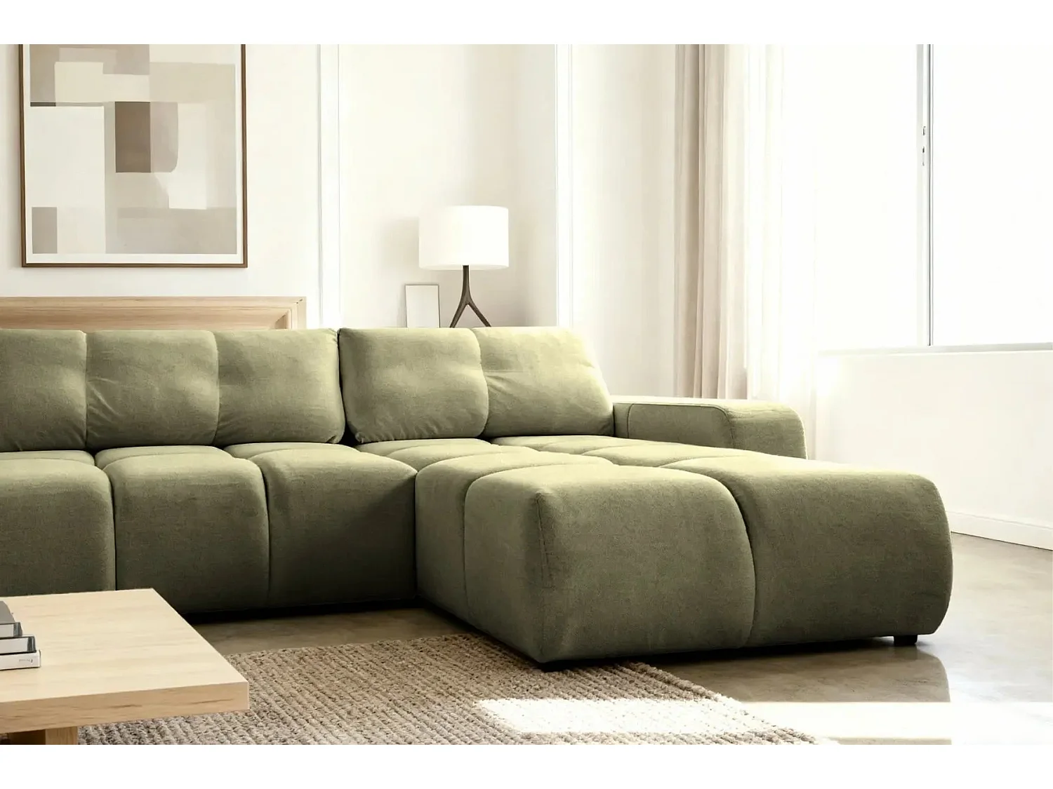 CONSTANCE - Canapé panoramique convertible tissu chenille - Vert