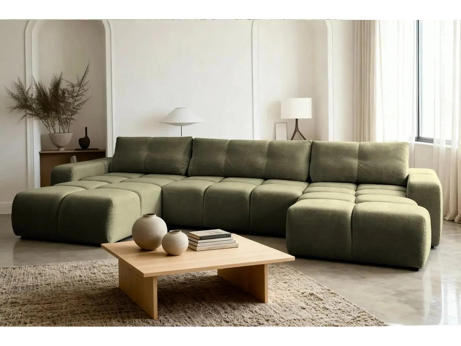 CONSTANCE - Canapé panoramique convertible tissu chenille - Vert