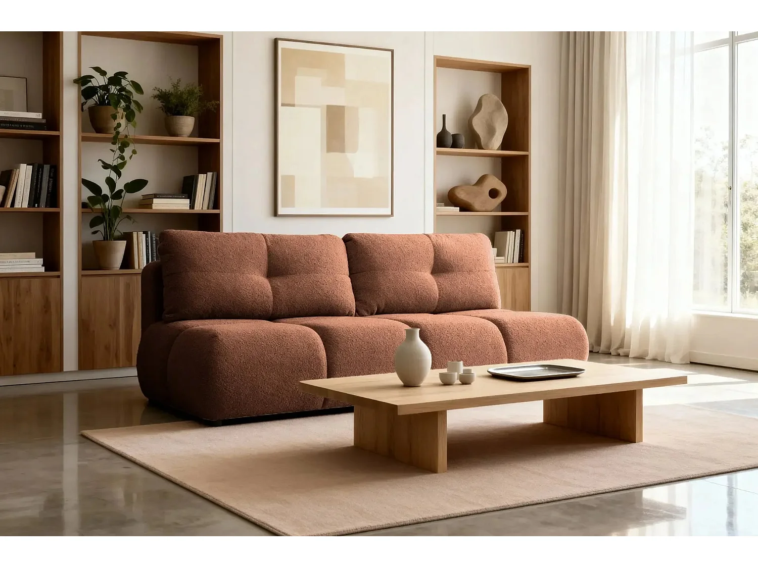 CONSTANCE MINI - Canapé droit convertible tissu bouclette 2 places - Terracotta