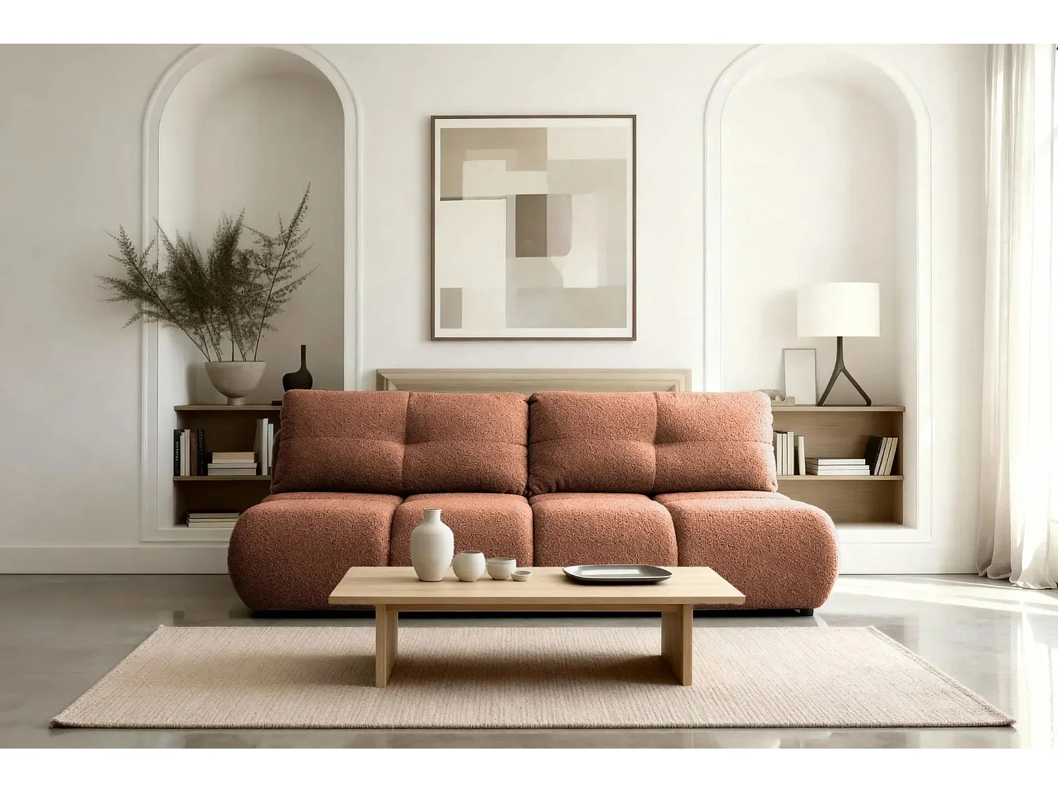 CONSTANCE MINI - Canapé droit convertible tissu bouclette 2 places - Terracotta