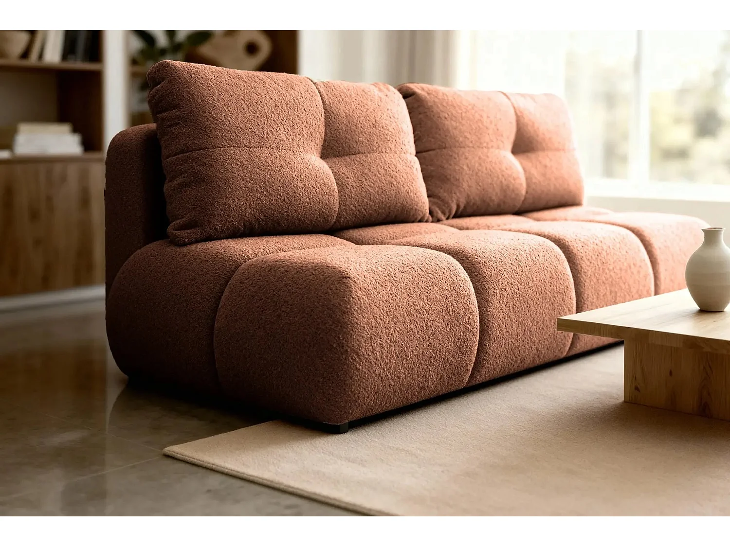 CONSTANCE MINI - Canapé droit convertible tissu bouclette 2 places - Terracotta