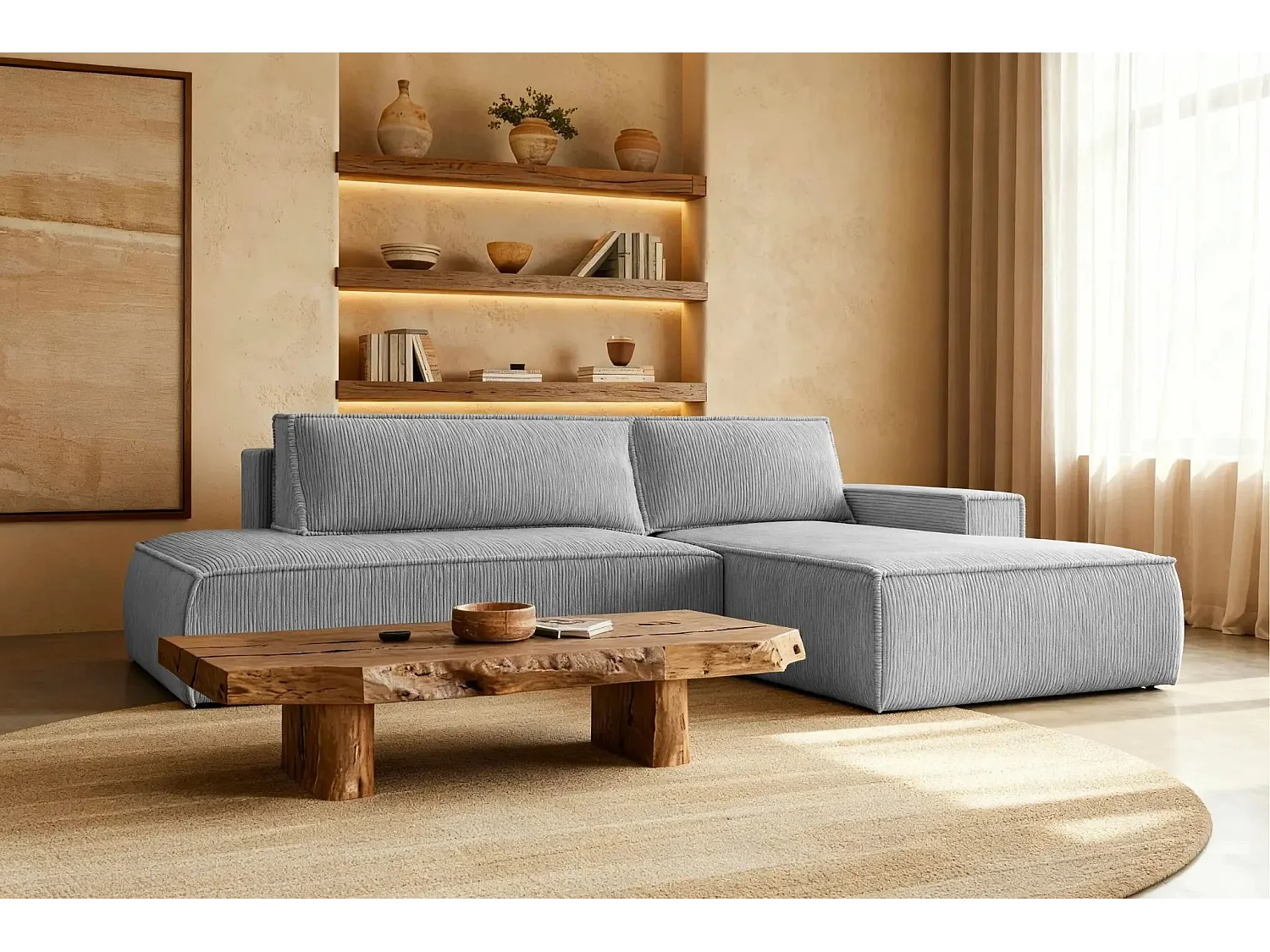 JADE - Canapé d'angle convertible velours côtelé - Gris clair - Gauche