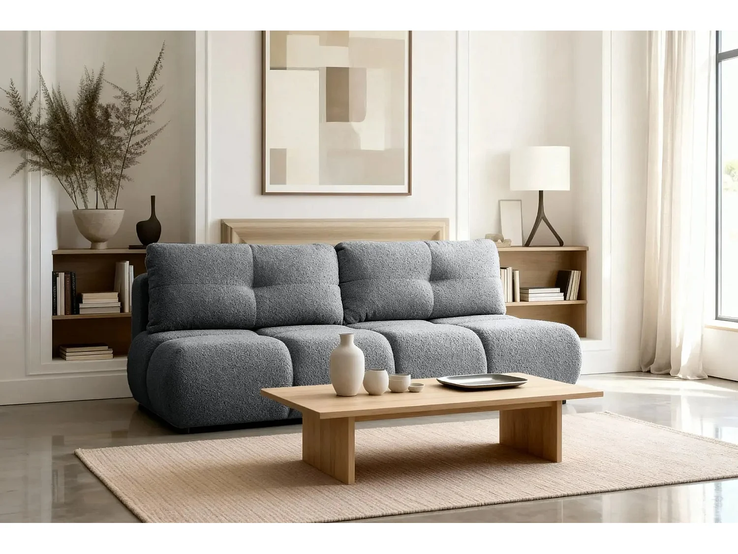 CONSTANCE MINI - Canapé droit convertible tissu bouclette 2 places - Gris foncé