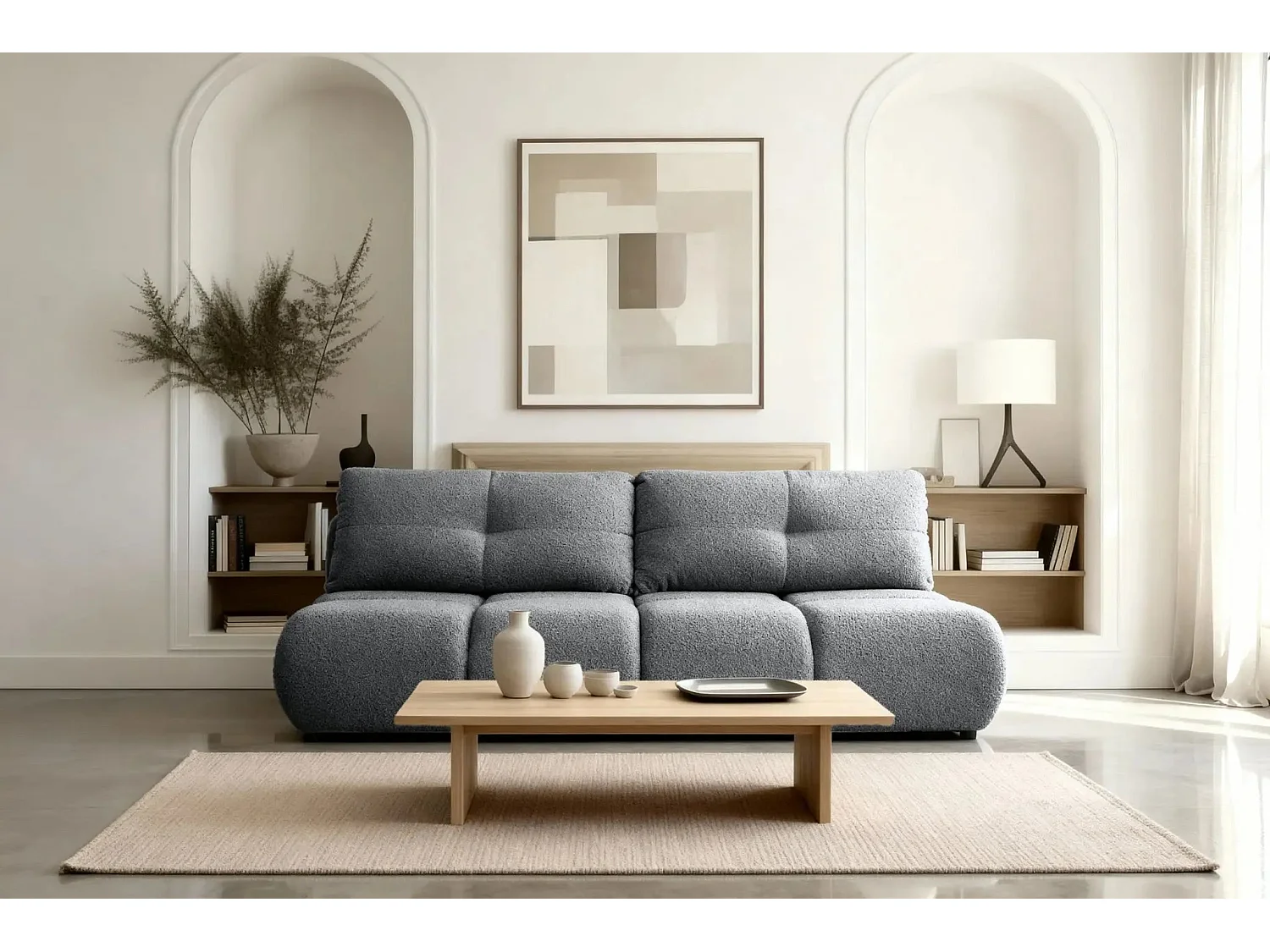 CONSTANCE MINI - Canapé droit convertible tissu bouclette 2 places - Gris foncé