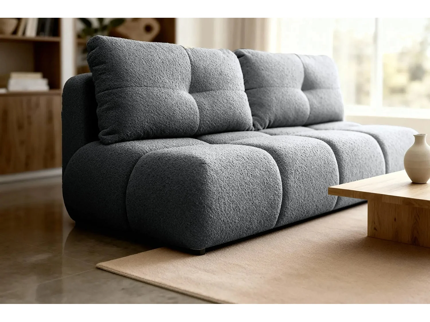 CONSTANCE MINI - Canapé droit convertible tissu bouclette 2 places - Gris foncé