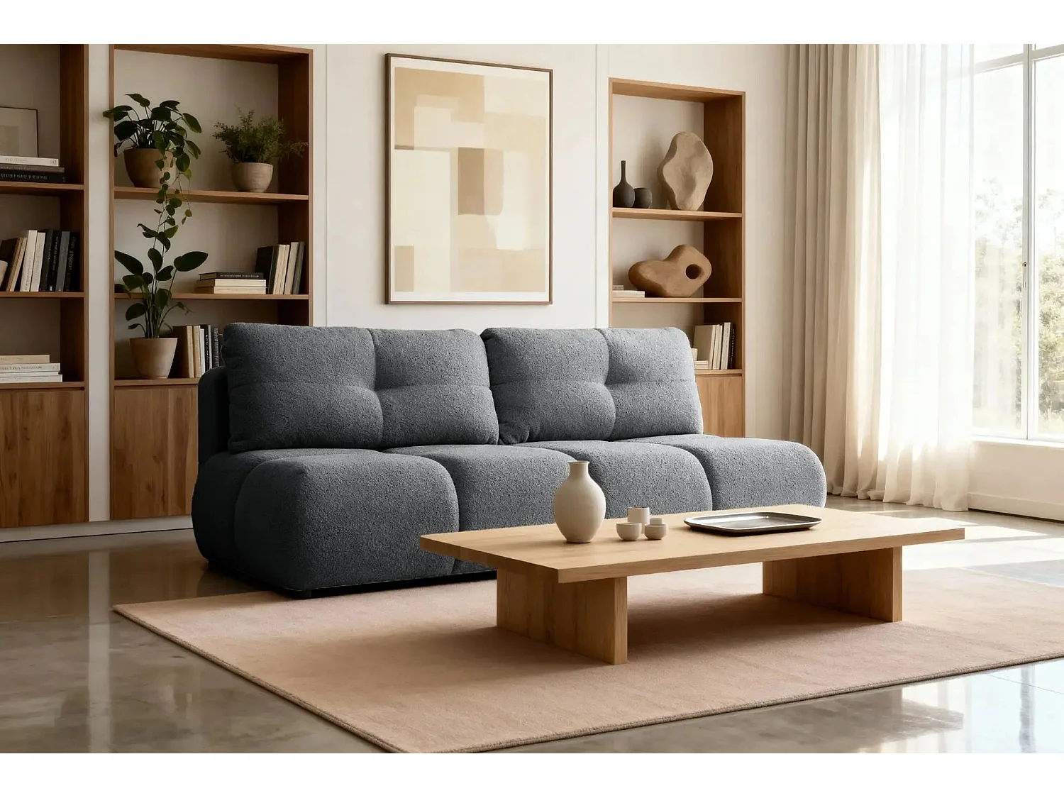 CONSTANCE MINI - Canapé droit convertible tissu bouclette 2 places - Gris foncé