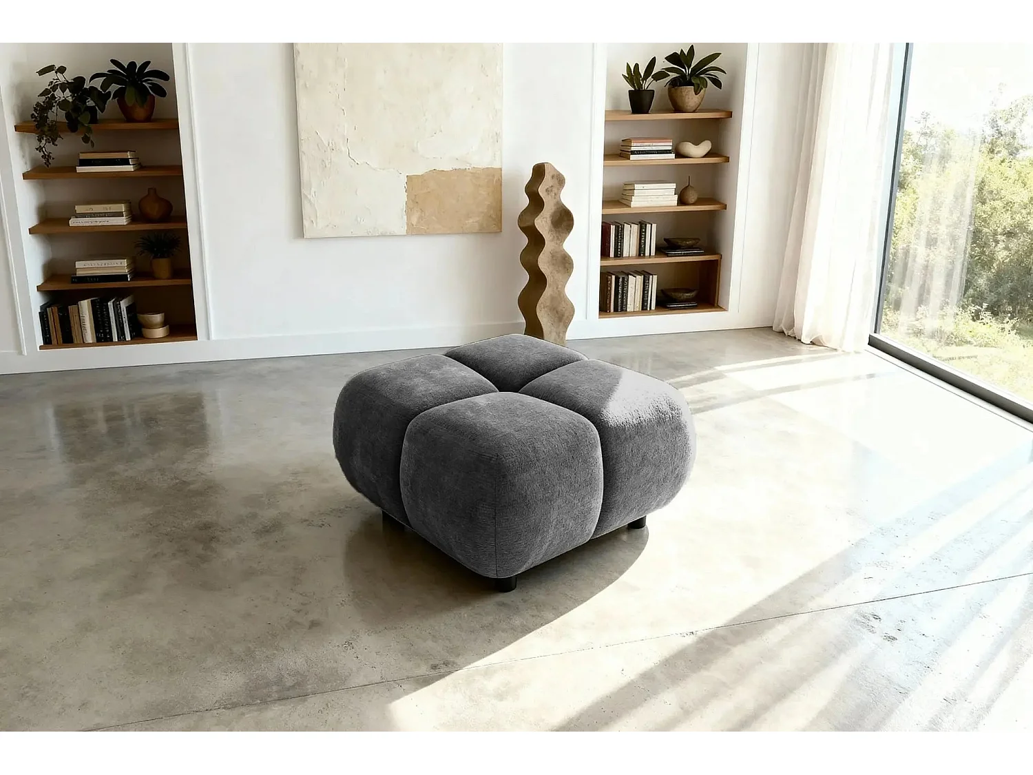 CONSTANCE - Pouf en tissu chenille Gris anthracite 72x72x43.5