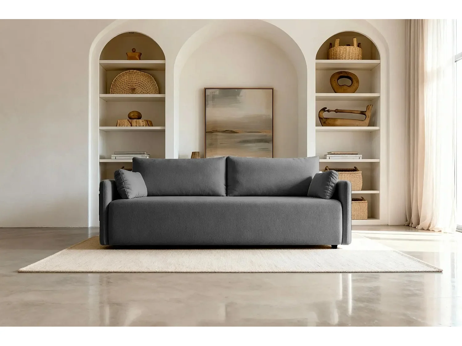 AXELLE - Canapé droit convertible tissu lisse - Gris foncé