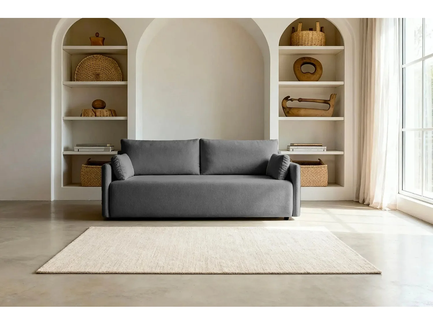 AXELLE - Canapé droit convertible tissu lisse 2 places - Gris foncé