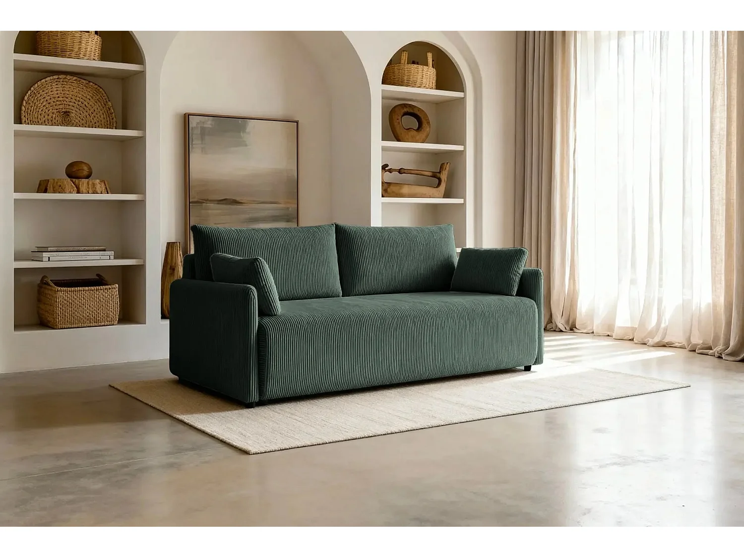 AXELLE - Canapé droit convertible velours côtelé - Vert