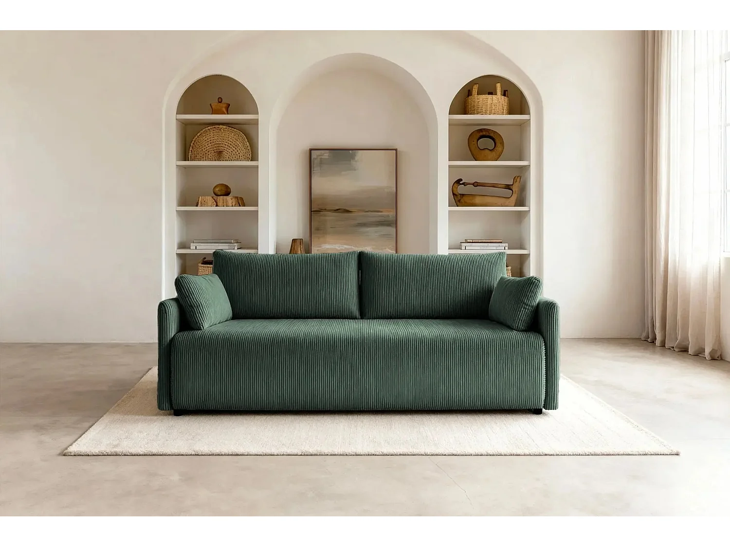 AXELLE - Canapé droit convertible velours côtelé 2 places - Vert