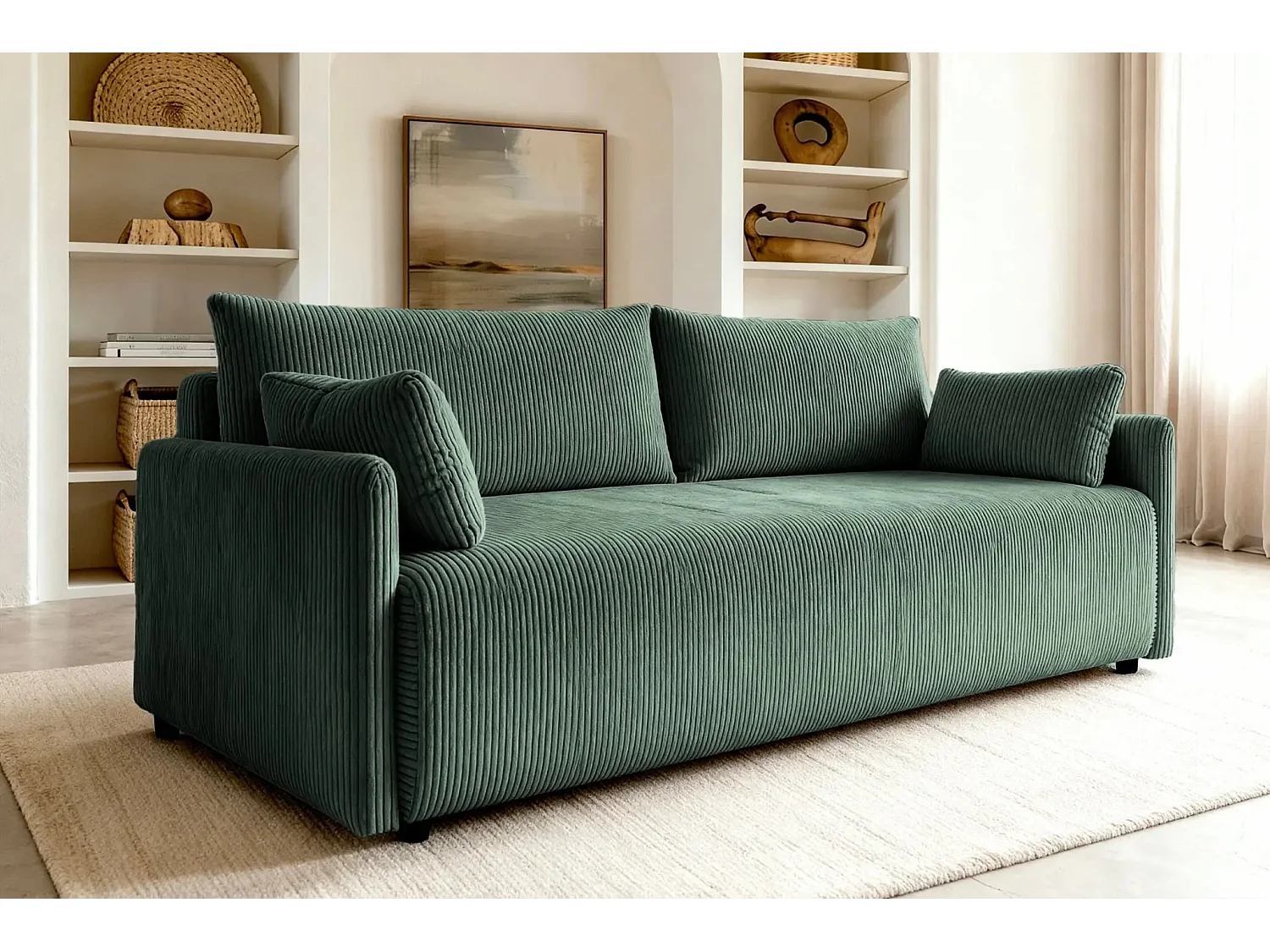 AXELLE - Canapé droit convertible velours côtelé 2 places - Vert