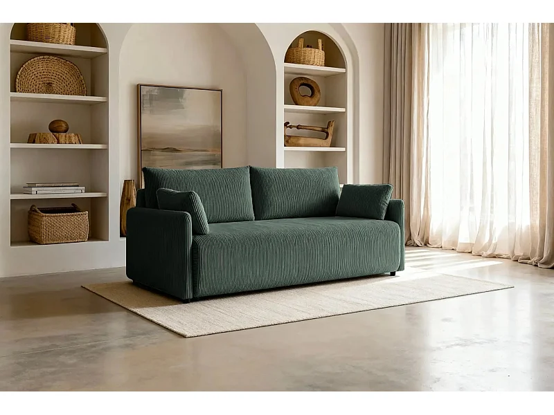 AXELLE - Canapé droit convertible velours côtelé 2 places - Vert