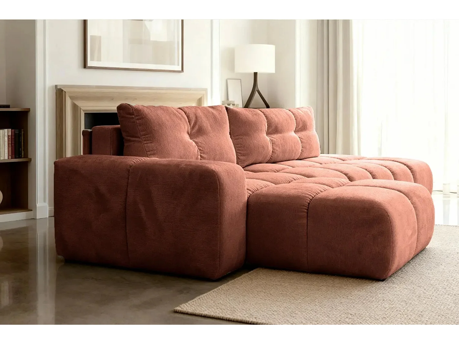 CONSTANCE - Canapé d'angle convertible tissu chenille 4 places - Terracotta - Gauche