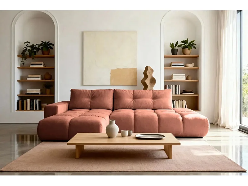 CONSTANCE - Canapé d'angle convertible tissu chenille 4 places - Terracotta - Gauche