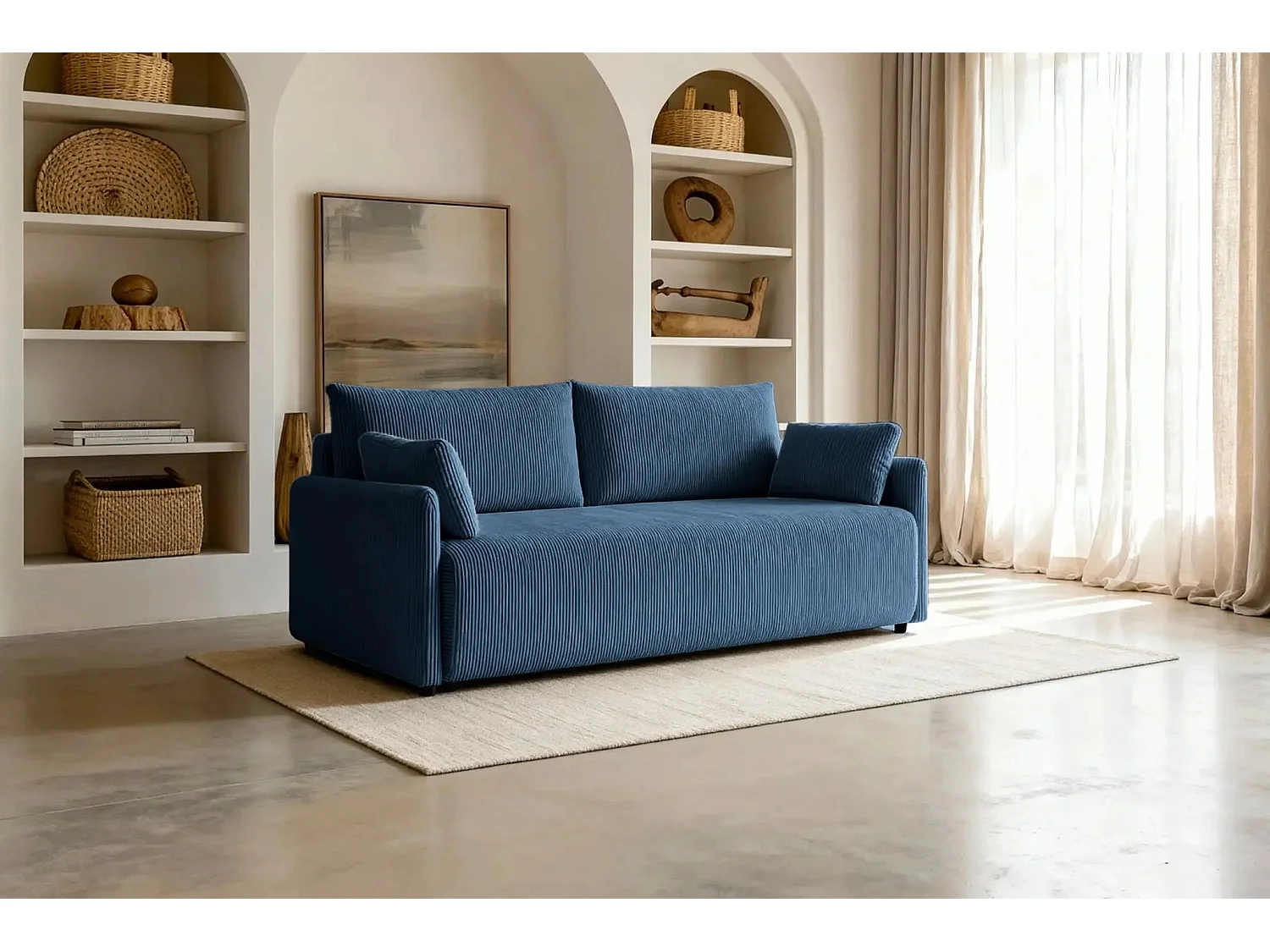 AXELLE - Canapé droit convertible velours côtelé - Bleu