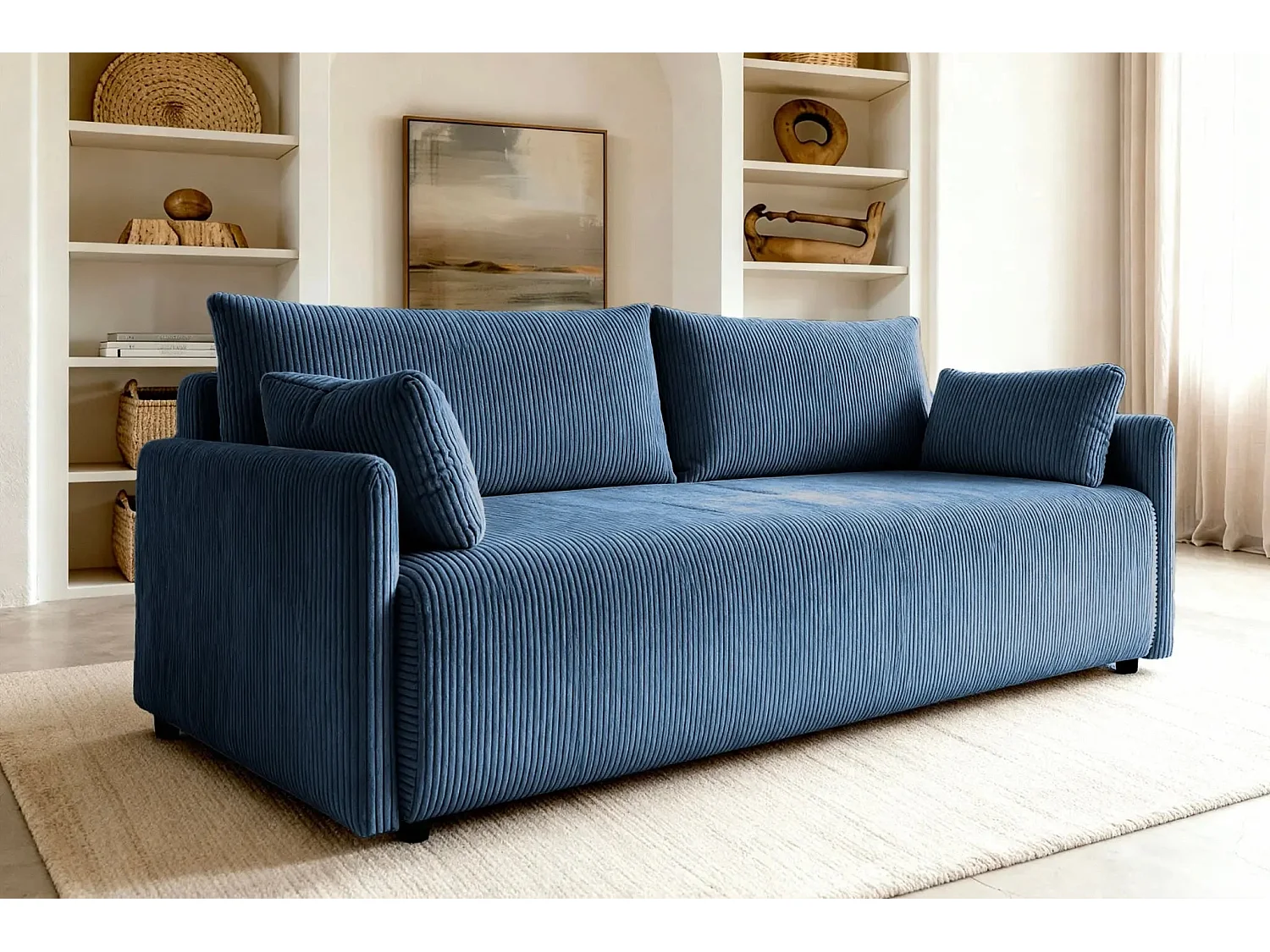 AXELLE - Canapé droit convertible velours côtelé - Bleu