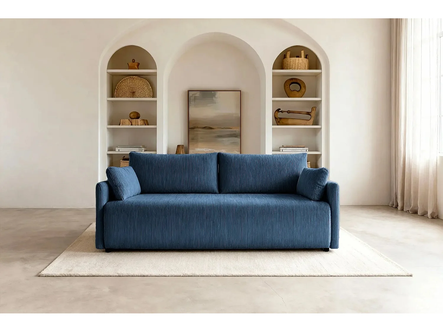 AXELLE - Canapé droit convertible velours côtelé 2 places - Bleu