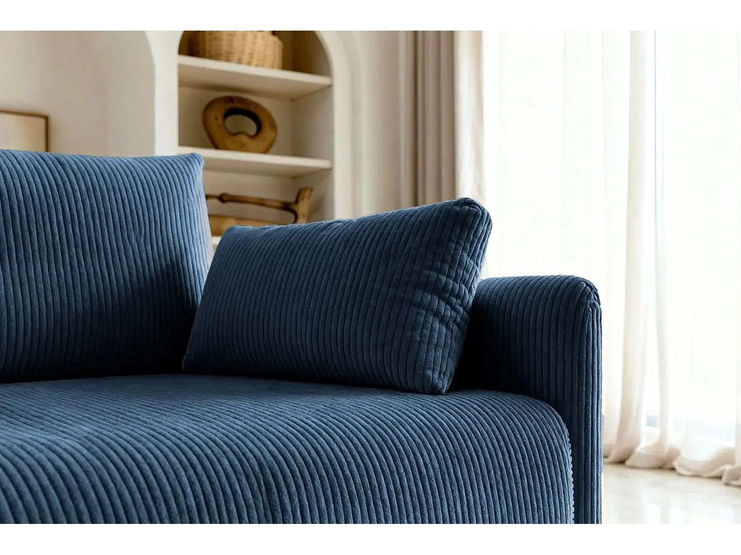 AXELLE - Canapé droit convertible velours côtelé 2 places - Bleu