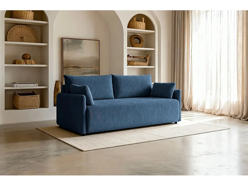 AXELLE - Canapé droit convertible velours côtelé - Bleu