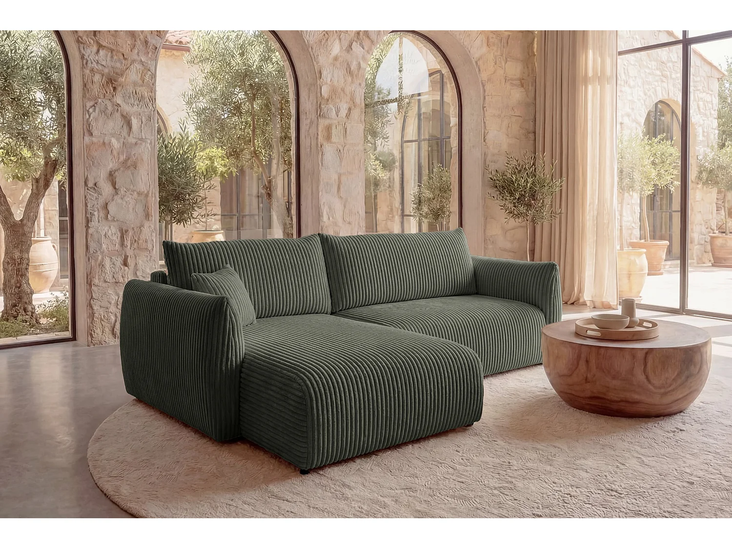 ELIO - Canapé d'angle convertible gros velours côtelé - Vert
